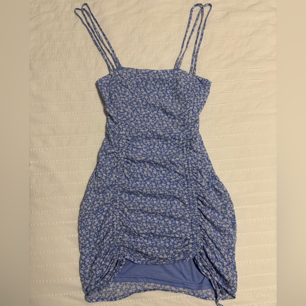 Garage Blue Floral Dress with Ruched Detail